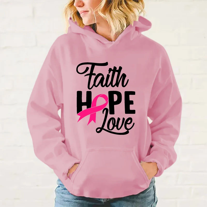 Autumn And Winter Popular Breast Cancer Awareness Faith Hope Love Printed Hooded Hoodies For Women Coat Fashion Plus Size Tops