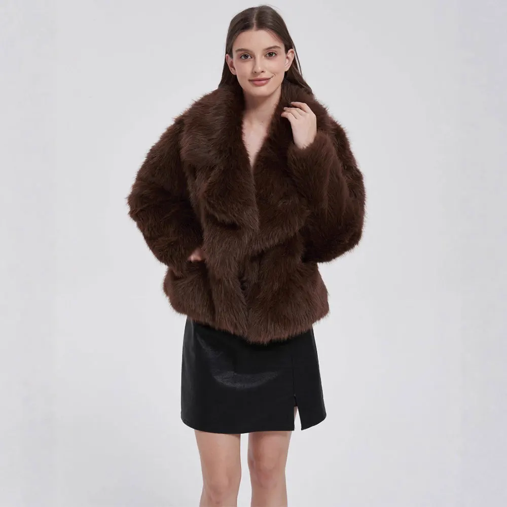 Modna kurtka z imitacji futra lisa damska zimowa luksusowy design duży kołnierz futrzane płaszcze fajne dziewczyny oversize pluszowy płaszcz z imitacji futra