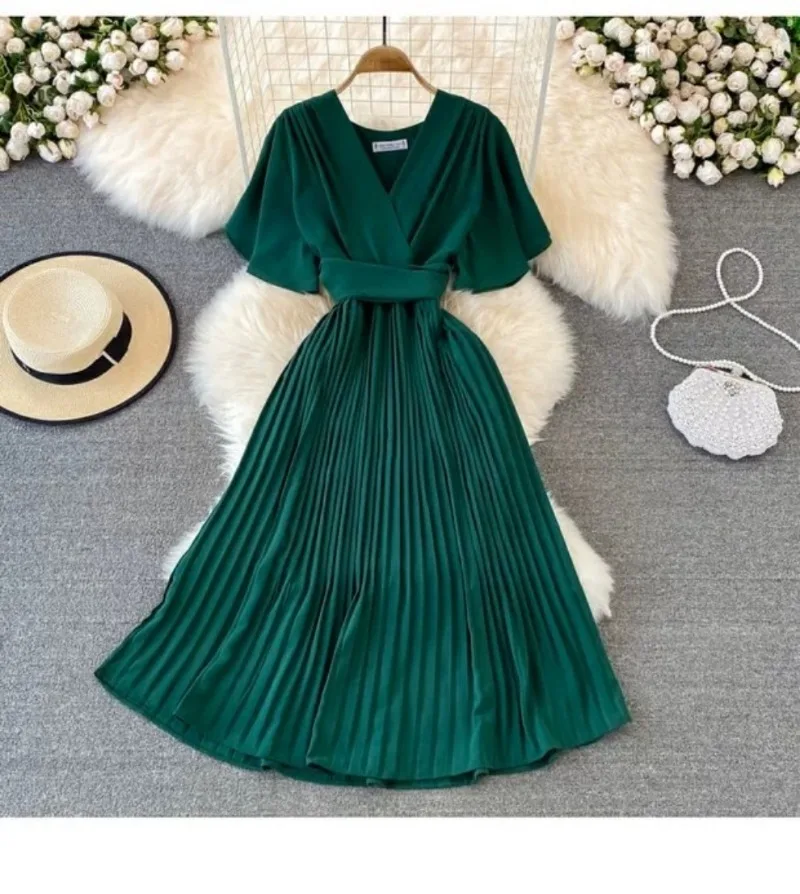 

Elegant Lace-up High Waist Long Dress Woman New Deep V Neck Party Vestidos Summer Short Sleeve Pleated Maxi Dress Y2k Sundress