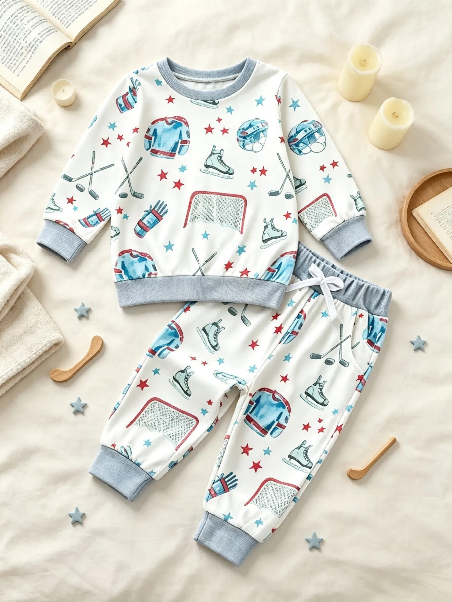 Waffle Thermal Toddler Boys Ice Hockey Graphic Tracksuit Sweatshirt Elastic Cuff Jogger Pants Daily Playwear Set