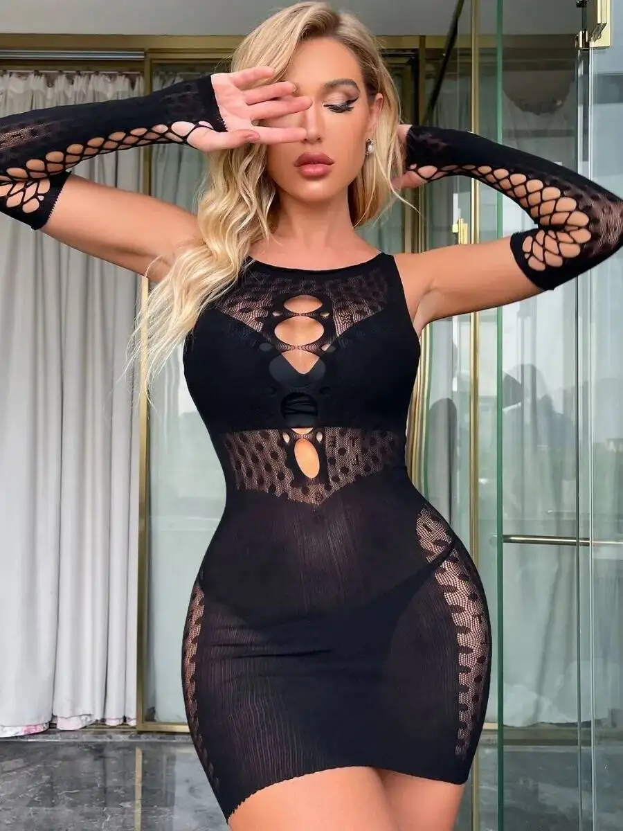 

Сексуальное открытое облегающее рыболовное платье с длинными рукавами и запахом на бедрах, черное платье с круглым вырезом, очаровательное платье Pure Desire F016