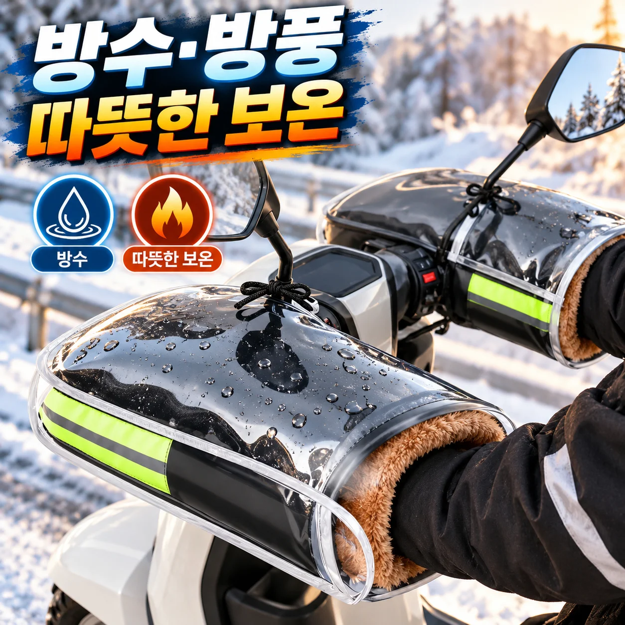 Winter Motorcycle Handlebar Mitts PU Leather Fleece Lined Waterproof Windproof Scooter Hand Covers Reflective Band Universal Fit