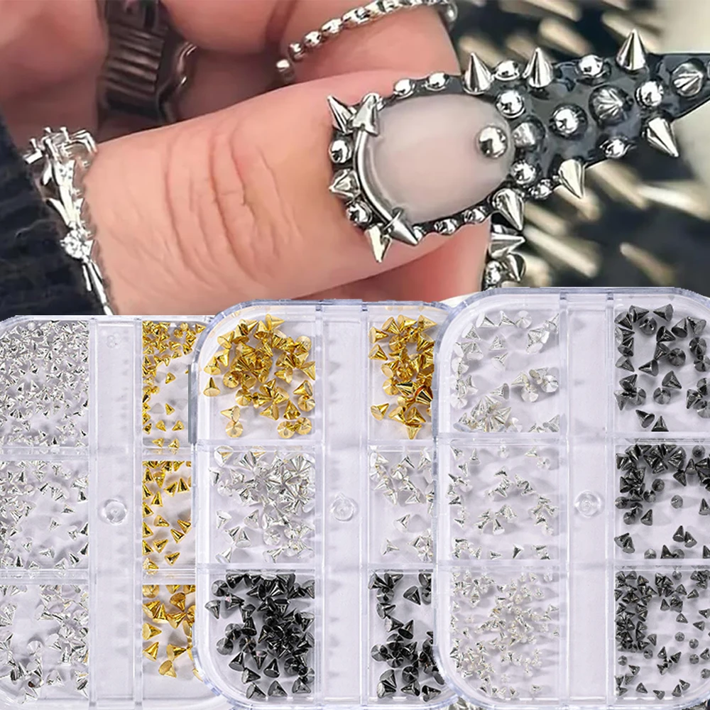 6 rejillas 3D Punk remache Nail Art Charms aleación de fondo plano cono puntiagudo tachuelas de uñas mixtas negro plata oro manualidades DIY remache de punta