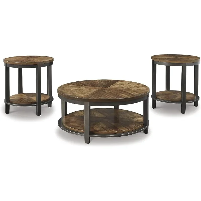 

Rustic Round Table Set, Includes Coffee and End s with Fixed Shelf, wood table