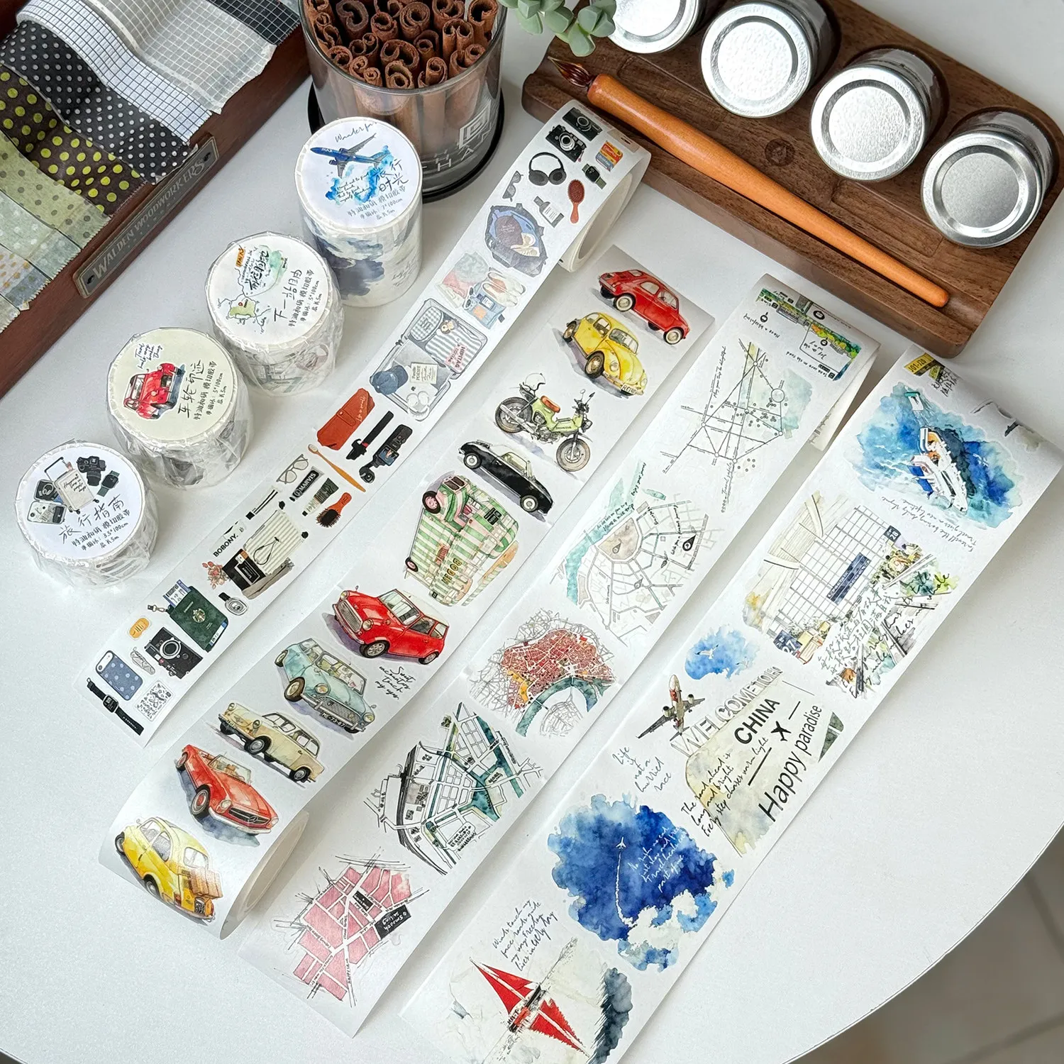 Washi Tape Rolls - เด็งเด็ง สตูดิโอ วินเทจ ทราเวล ไทม์ เทปกระดาษวาชิสำหรับทำการ์ด