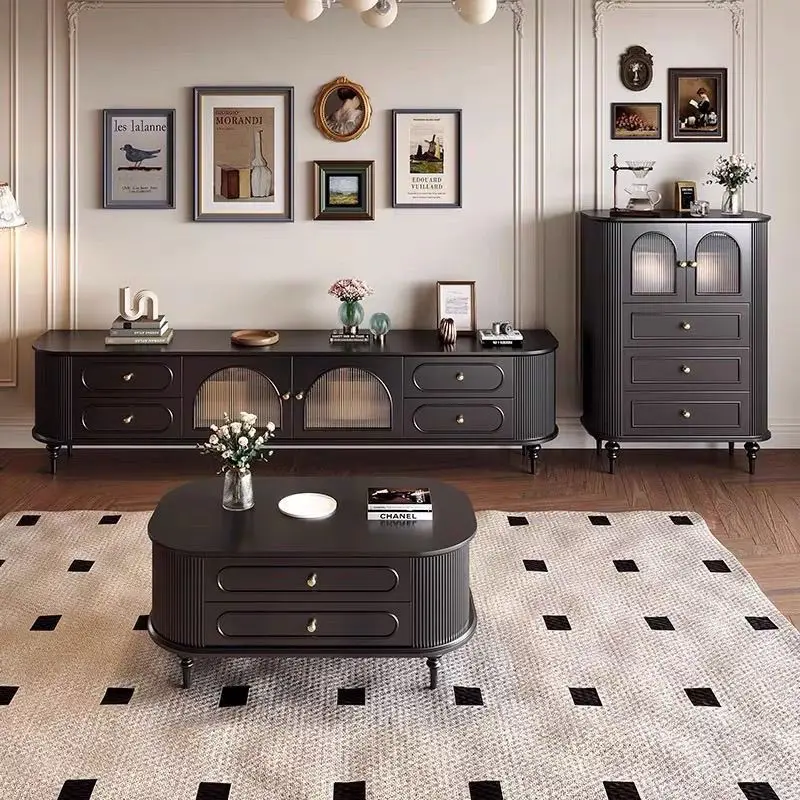 Factory Direct 2026 [High-Capacity Cable Duct] Solid Wood French Vintage TV Cabinet Black New Light Luxury High-End Living room