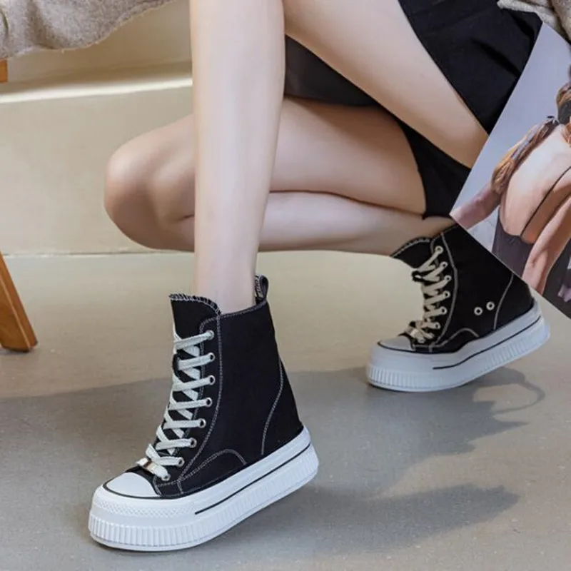 Neue 2026 Frauen Chunky Sole Canvas Sneakers 13 cm Plattform Casual High-Top Schuhe Integrierte Höhe Erhöhen Ultra High Heel Vielseitig
