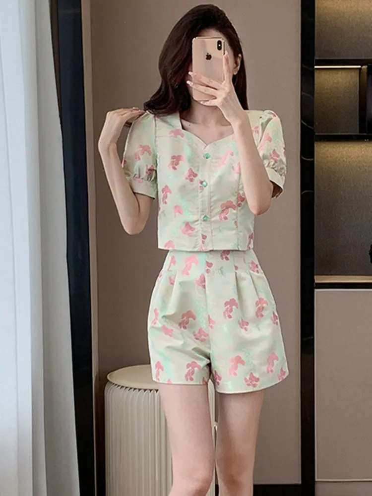 High Quality Small Fragrant Print Two Piece Set For Women Jacket Coat + Short Suits Fashion Casual Jacquard 2 Piece Pant Sets