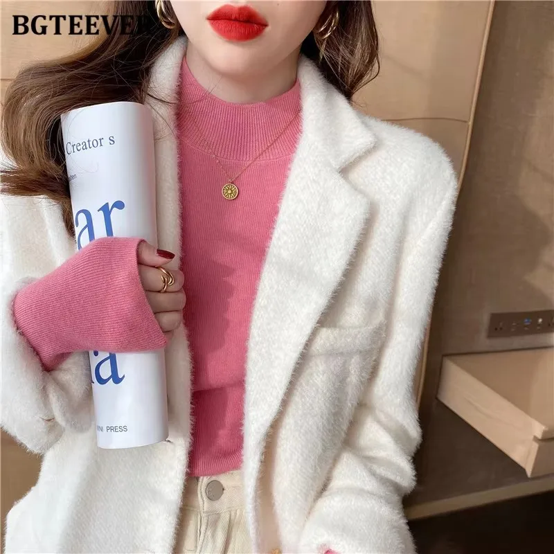 

BGTEEVER Elegant Basic Half High Collar Stretched Knitted Pullovers Women Autumn Winter Long Sleeve Slim Female Sweaters Tops