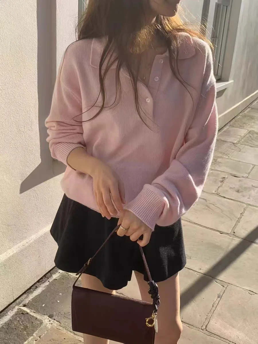 

Loose Long Sve Knitted irt Women's Sle Button up Casual Soft Fabric Dongda Gate Ouce Turn-down Collar Lazy Gentle Wind