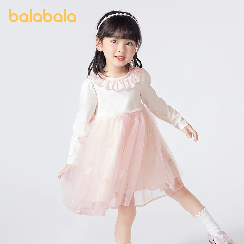 

Balabala Embroidered Mesh Dress Girl Princess Style Elegant Spring Outfit with Sweet Details for Special Occasions
