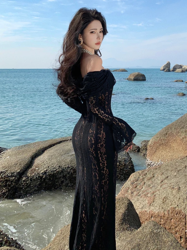 エレガントなレースのワンショルダードレス床長さのイブニングドレスアイランドバケーションスタイル長袖Aラインシルエットレディースドレス