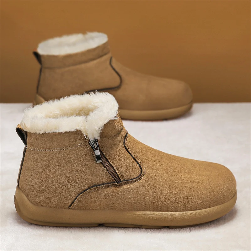 

Winter men's snow boots, casual with plush soft sole and thick fur, outdoor side zipper, anti slip and warm cotton shoes