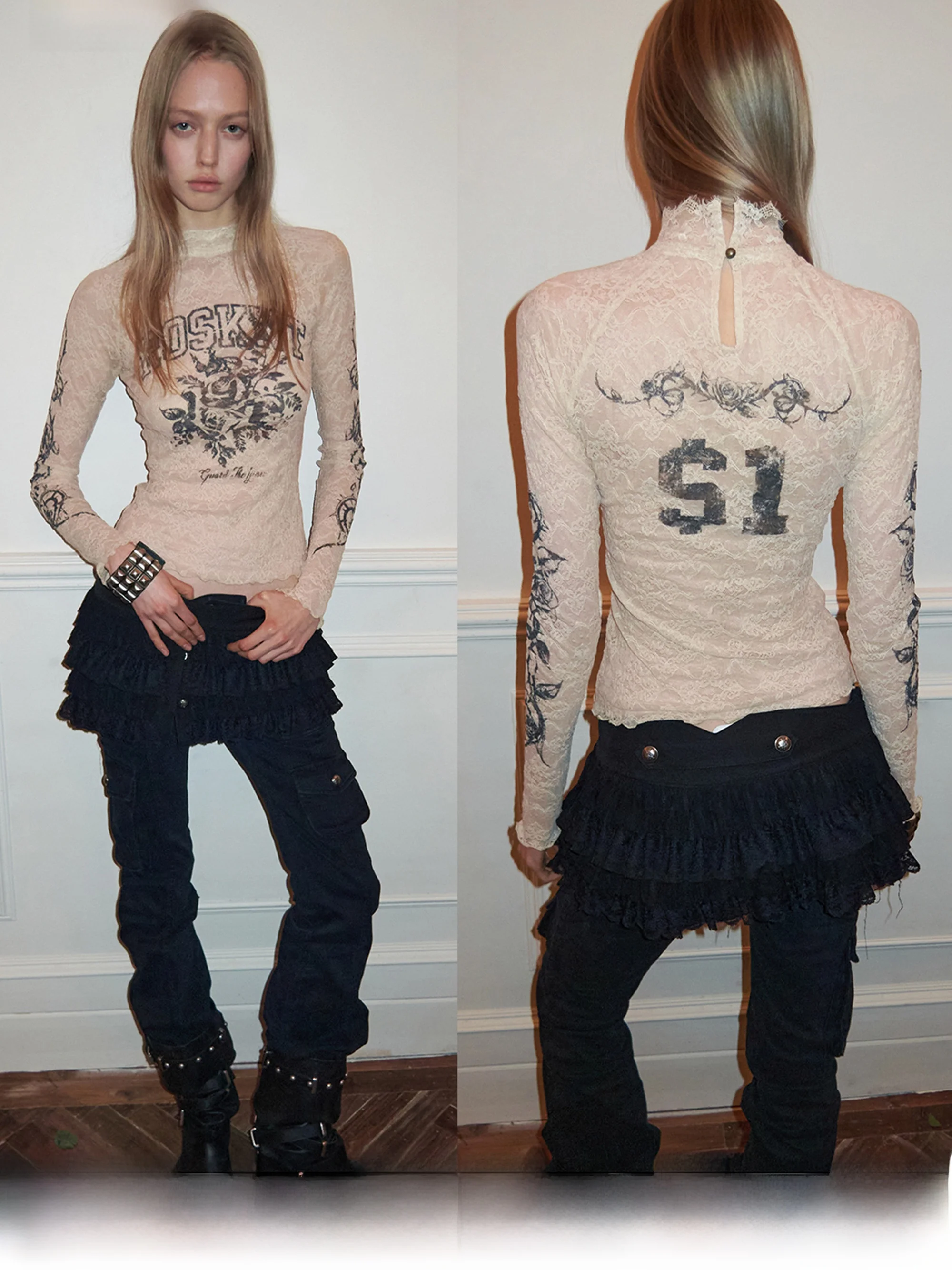 

Retro Rose Lace Print Base Skin Clothes Women's Spicy See-tough Outerwear Inner Match T-irt JINN STUDIO Nylon Spandex