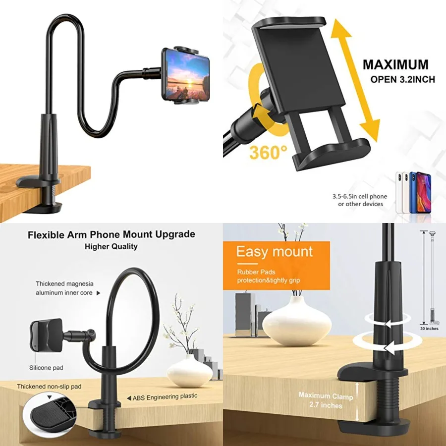 

Phone Holder Bed Gooseneck Mount - Flexible Arm 360 Mount Clip Adjustable Bracket Clamp Stand Compatible with Cell Phone 11 Pro