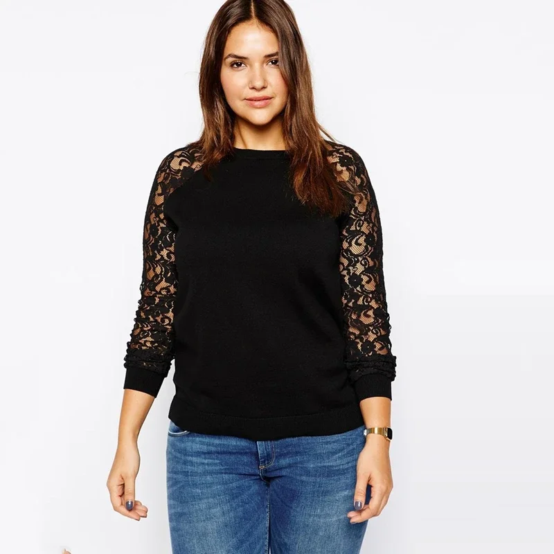 Plus Size Long Raglan Lace Sleeve Casual Sweatshirt Women Spring Autumn Solid Black Cotton Loose Elegant Fashion Hoodie 7XL 8XL