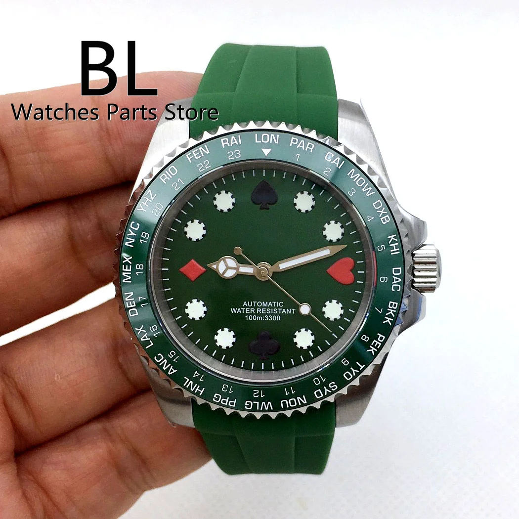 BLIGER New 40mm Watch For Men NH35 Automatic Spphire Glass World City Name Bezel Poker Pattern Dial Green Luminous Rubber Strap