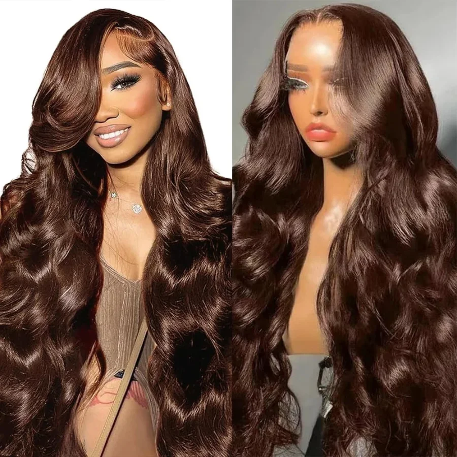 

Brown 26“Long 180Density Synthetic Glueless Body Wave 13*4*1 Lace Front Wig With Bangs For Women Babyhair PrePlucked
