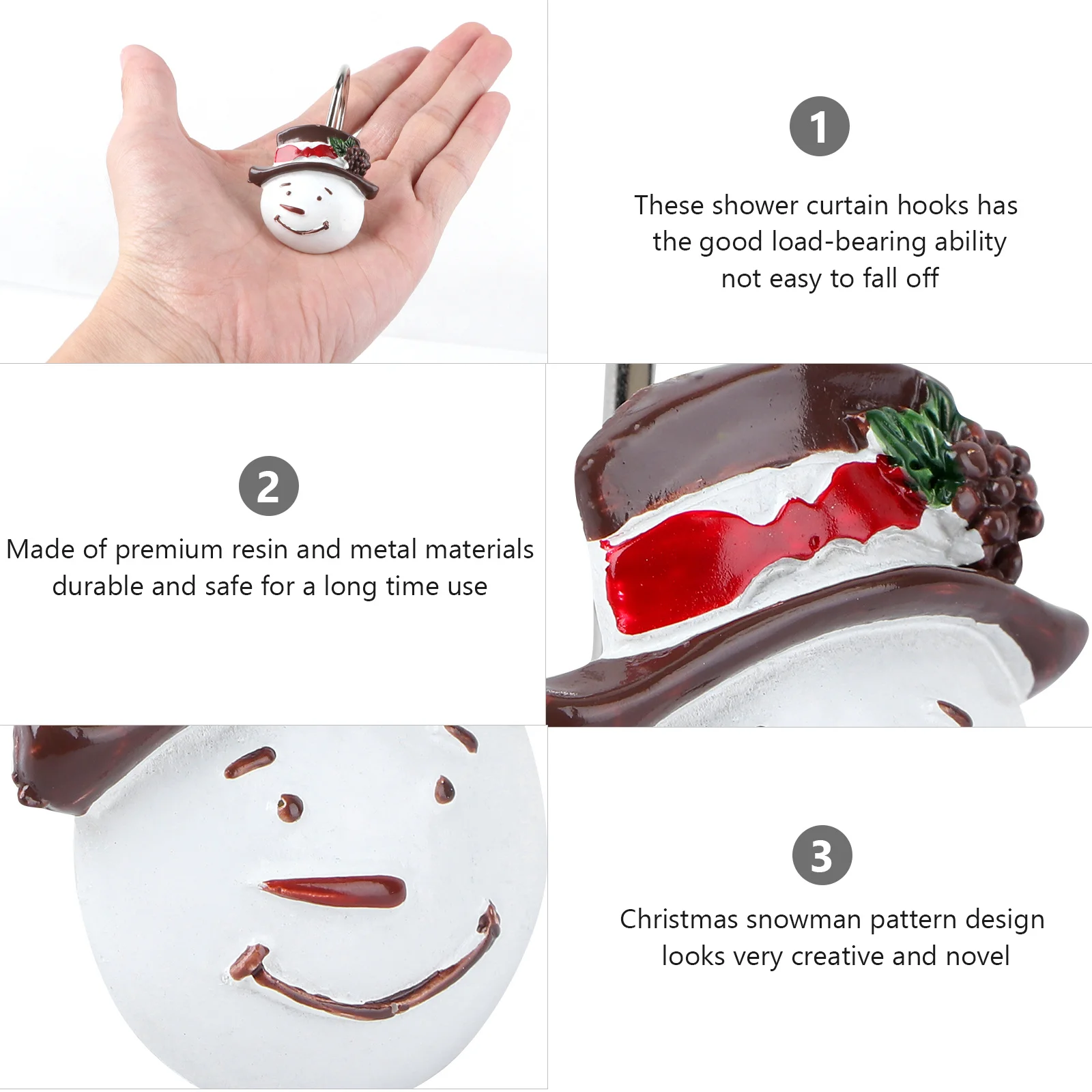 

12Pcs Resin Hanging Hooks Snowman Xmas Pattern Curtain Hook Easy Install Christmas Shower Curtain Hook for Bathroom
