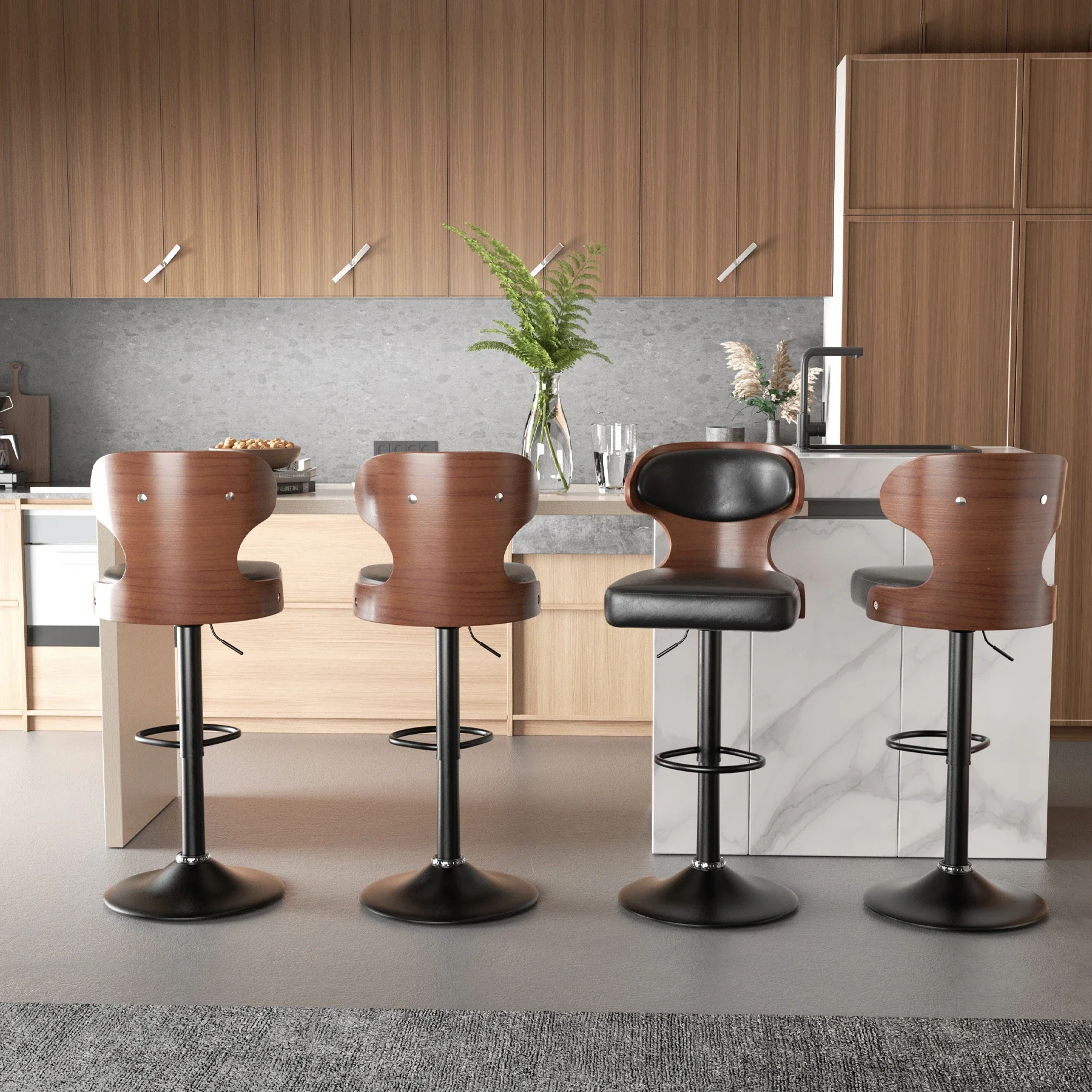 Hot Sales Bar Stool 2Pcs Set Backrest Footstool Dining Chair Solid Wood Rotating Bar Stools Pu Leather Soft Cushion Dinng Chair