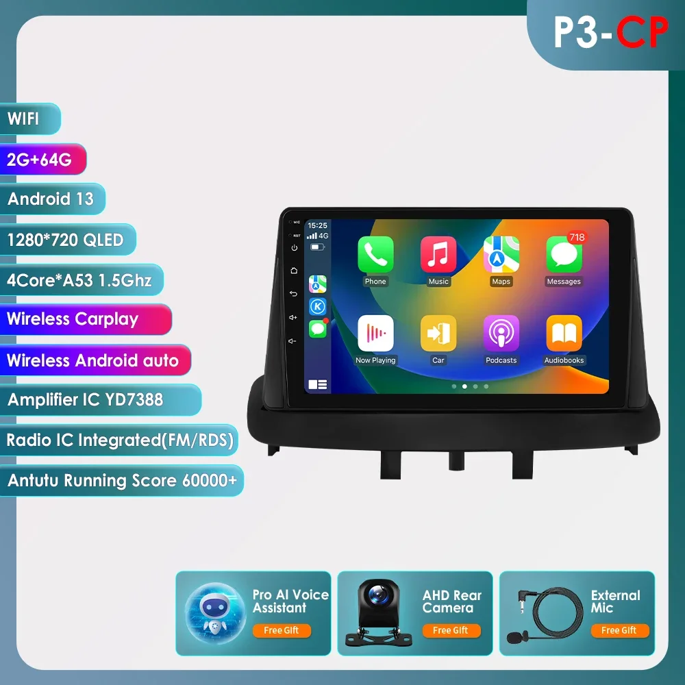 OSSURET Android Autoradio Speler voor Renault Megane 3 Fluence 2008-2014 Carplay Auto GPS 2 DIN Auto Multimedia door Snapdragon 6115