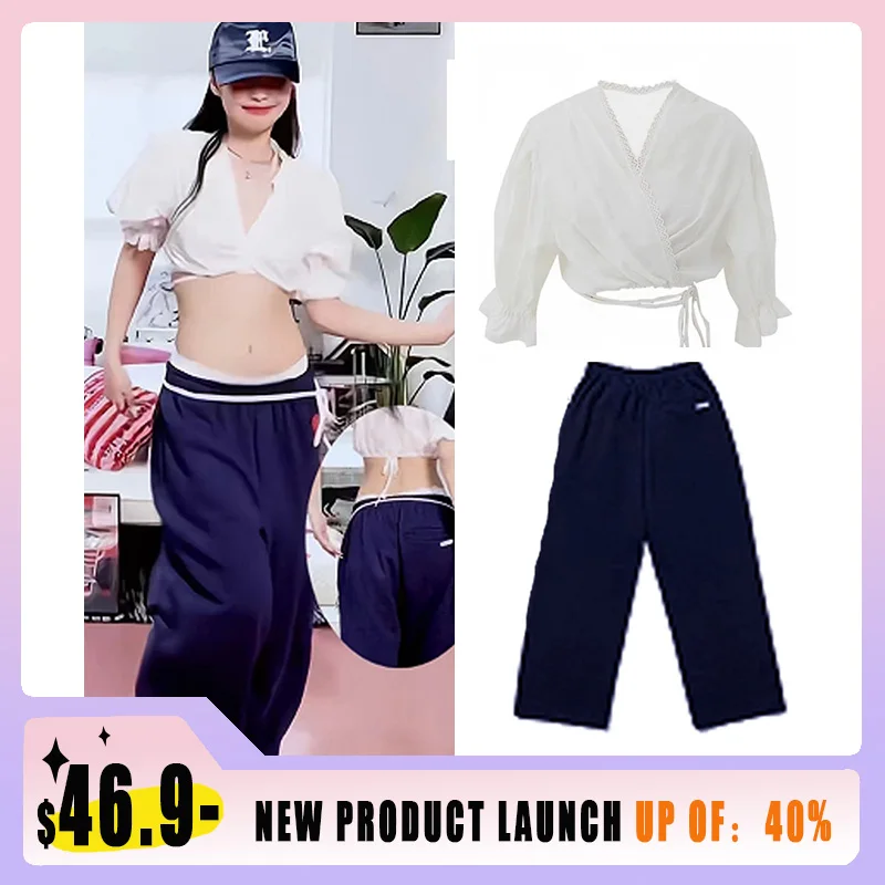 New Korean Aido Same style Bubble Sleeve Short Tops Tie up Shirt Guard Pants Set K-Pop Stage Outfits Jazz Dance Costumes VBH139