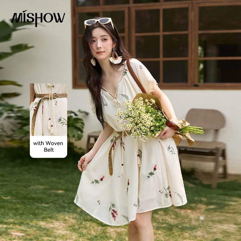 

MISHOW French Flower Embroidered Dress For Women 2026 Summer V-Neck Temperament Slimming Romantic A-Line Long Dress MXF25L2677