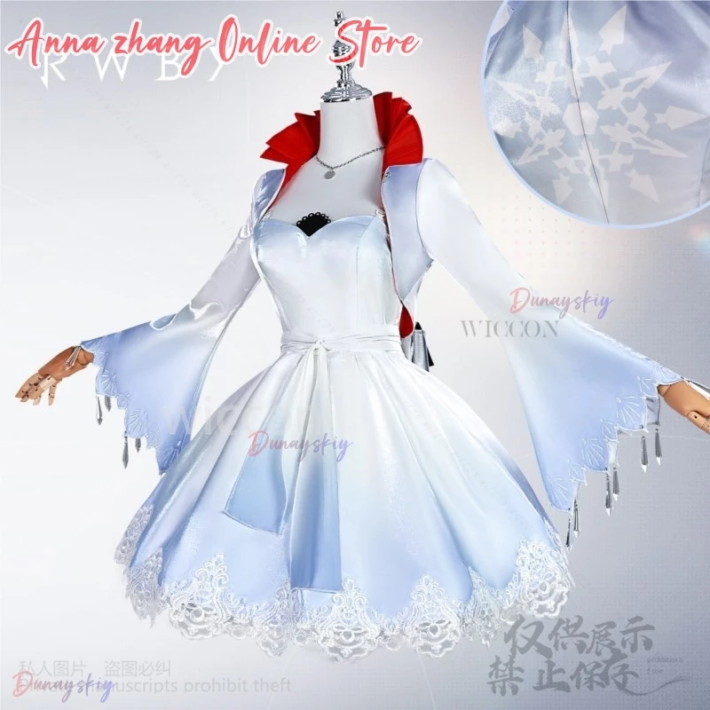 

Anime RWBY Cosplay Weiss Schnee Costume White To Blue Gradient Elegance Dress Lace Lolita Ponytail Wig Jirai Kei Girls Halloween