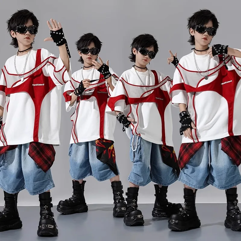 Conjunto de Roupas para Crianças Estilo Hip Hop, Camiseta Moderna e Elegante em Algodão para Meninos