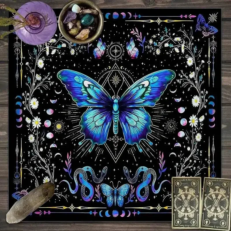 VIKAMA Blue Purple Butterfly Snake Occult Tarot Tablecloth Mystical Occult Altar Cloth Divination Mat Durable Home Decor
