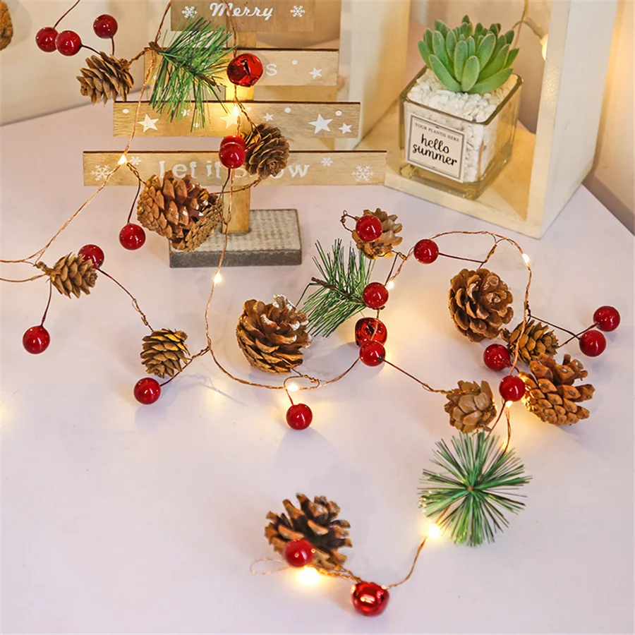 Pinecone-Cadena de luces de Navidad con batería para árbol de Navidad, guirnalda de luces de hadas con forma de campana de bayas, decoración de vacaciones, 20led