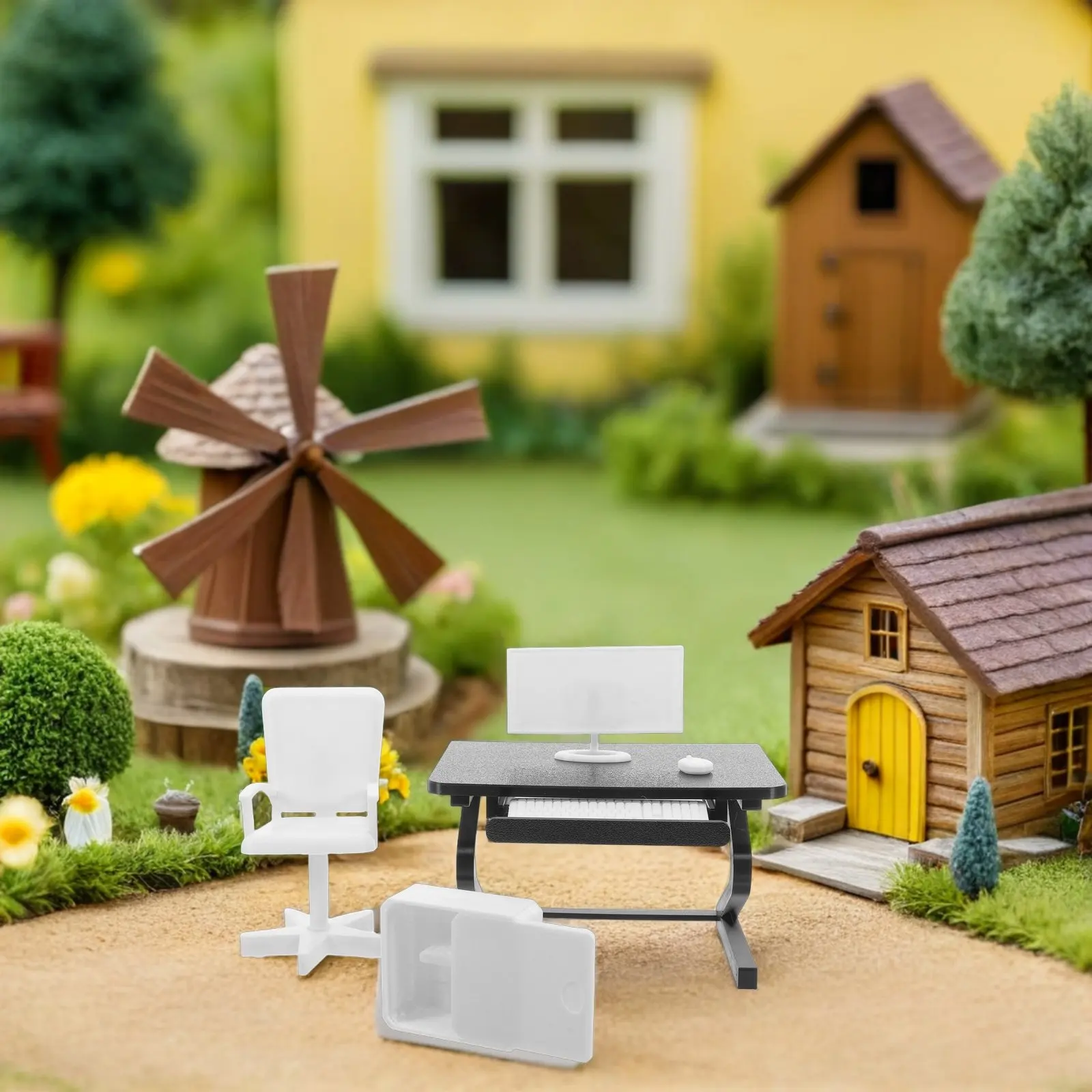 

1 комплект миниатюрной офисной мебели, реалистичный стол и стул в масштабе 1:12, компьютерные аксессуары для украшения кукольного домика, для коллекционеров