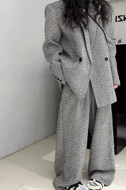 

Insozkdg Retro British Style Loose Casual Blazer Suit Jacket Autumn/Winter Luxury Wide Leg Pants Set Two Piece Set Women Outfits