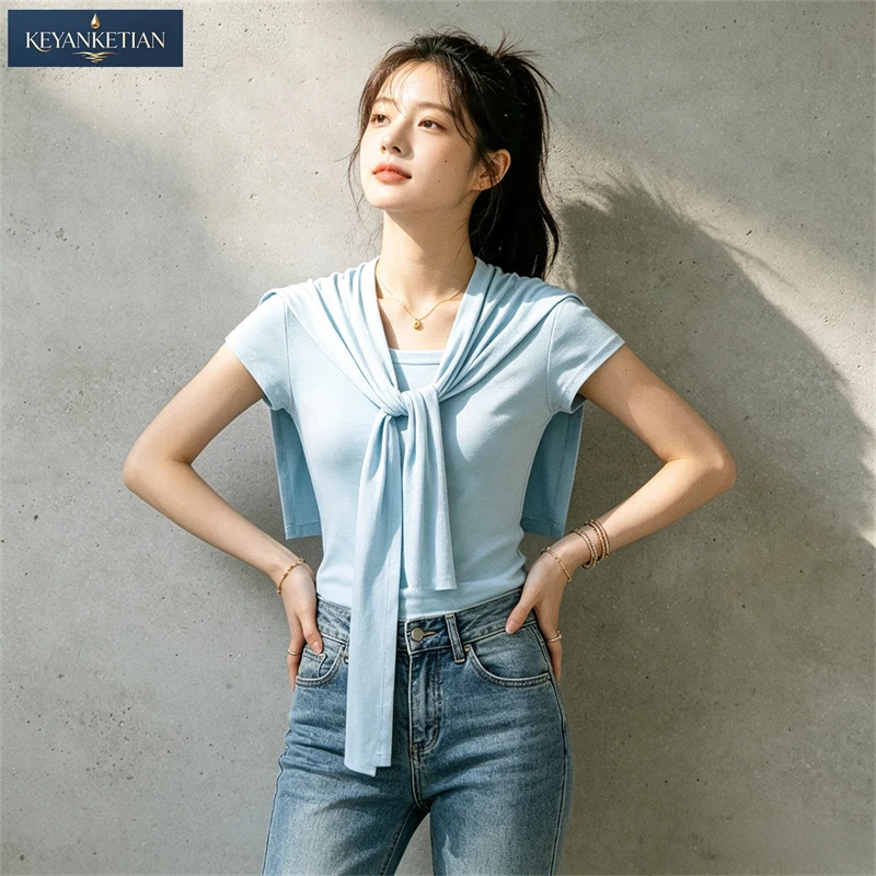 KEYANKETIAN 2026 Korean Minimalist Two Piece Knit Set Matching Front Tie Shawl Slim Fit Round Neck Short Sleeve Casual T-shirt