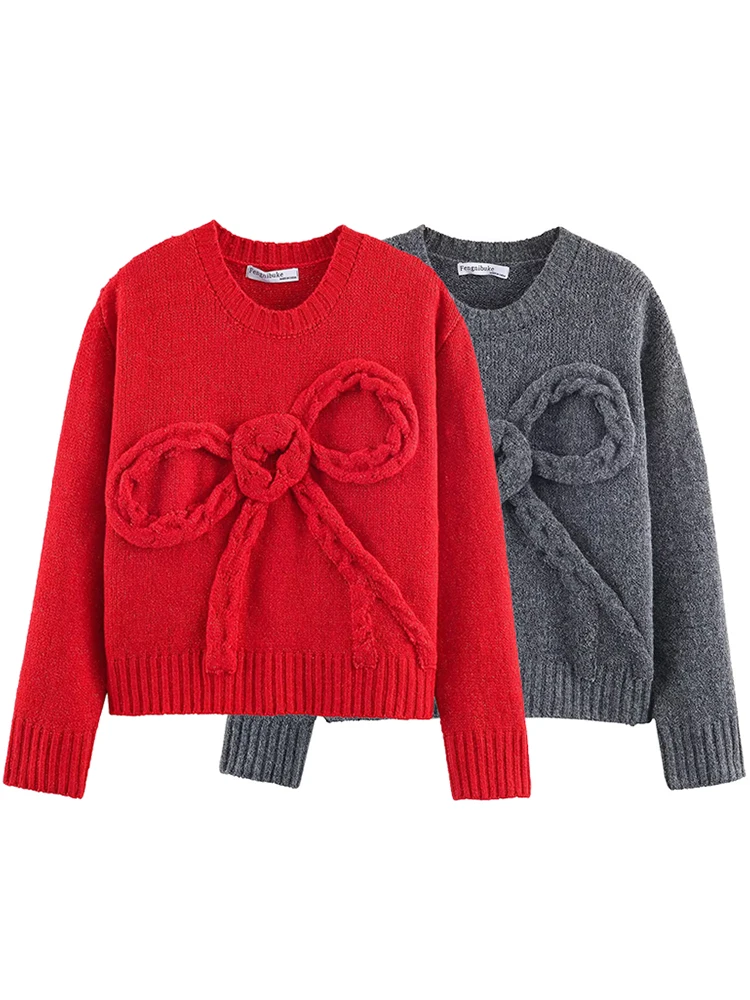 

Женский элегантный вязаный пуловер с бантом, модный свитер с длинным рукавом, новинка 2026 года, повседневный свободный трикотажный топ ﻿