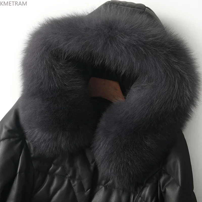 Real Leather Down Jacket Women Winter Genuine Sheepskin Coat Hooded Fox Fur Collar Thickened Leather Jackets Black Down Coats