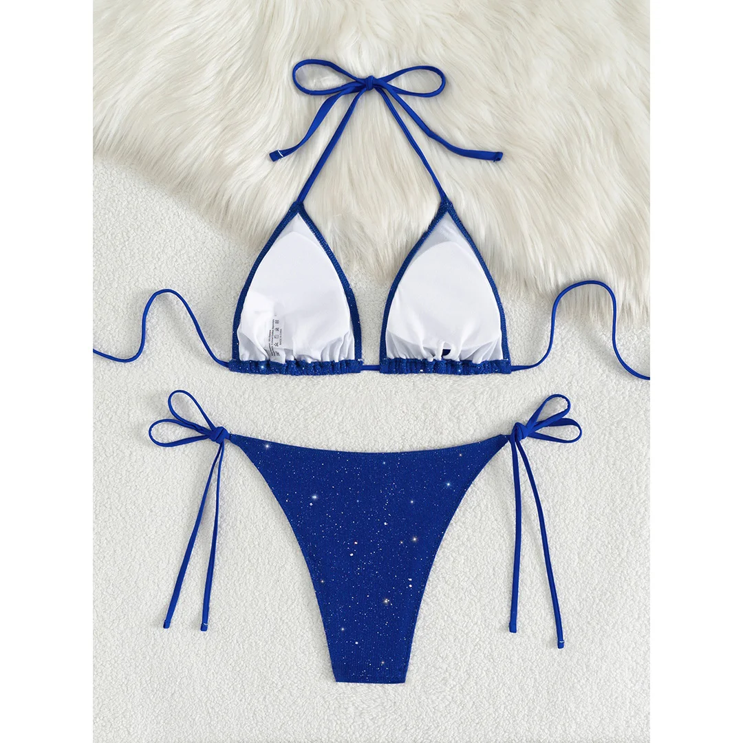 Glitzernder, funkelnder Neckholder-Bikini mit hohem Beinausschnitt, Damen-Badebekleidung, zweiteiliger Bikini-Set, Badeanzug, Badebekleidung, Schwimmbekleidung V5501R – Detail 31