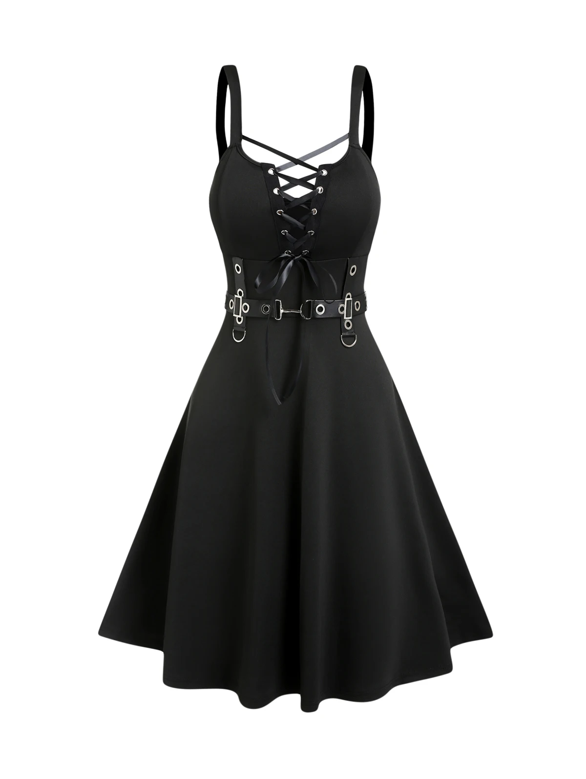 Womens Gothic Jurk Met Vetersluiting Met Gesp Kriskras Over Diepe Hals Met Hoge Taille Een Lijn Mini-Jurk Mouwloze Overgooiers Vestidos