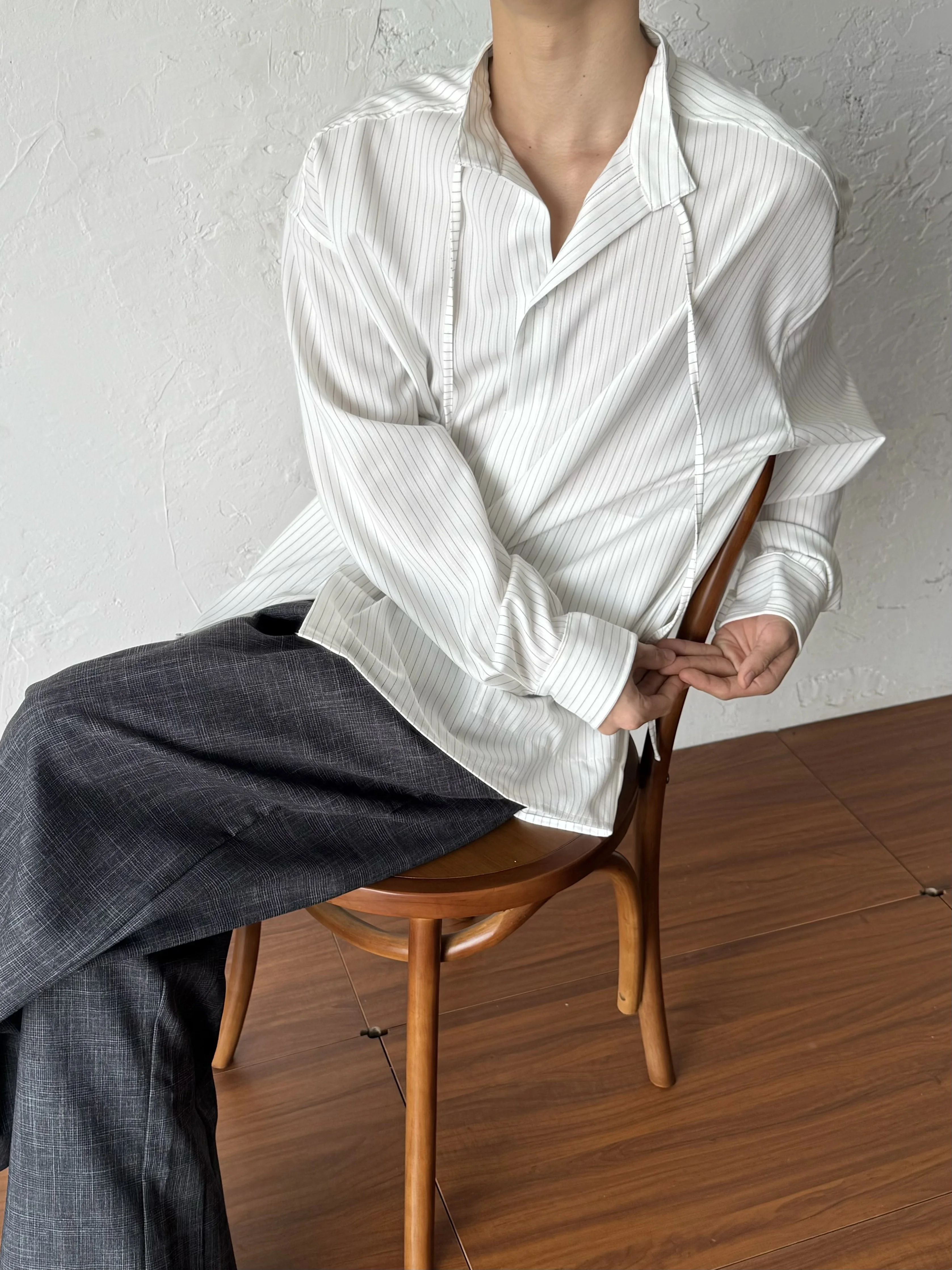 Spring 14GSL Minimalist Stripe Shirt Long Sleeve Stand Collar Tunic for Men And Women Breathable Comfortable Loose Fit Citywalk