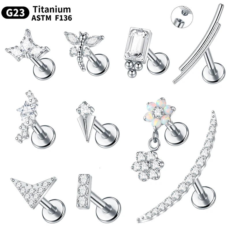 1Pc G23 Titanium Cz Crystal Ear Cartilage Tragus Helix Daith Piercing Internal Thread Lip Stud Labret Piercing Body Jewelry 16G