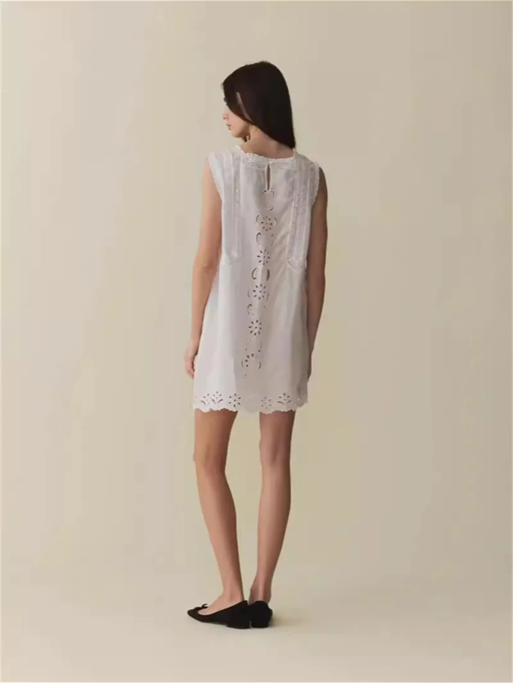 Linen Cotton Blend Women Lace Mini Dress Sleeveless Embroidery White A-Line O-Neck Casual Ladies Summer New 2024 Tank Dress