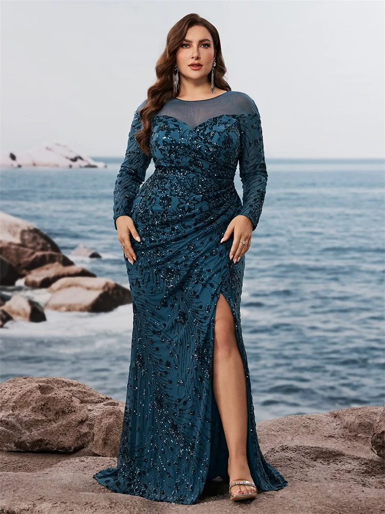 

Lucyinlove Plus Size Elegant Long Sleeve Sequin Splicing Evening Dress Luxury Mermaid Wedding Party Formal Prom Cocktail Gowns