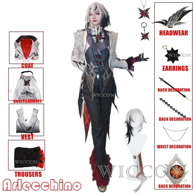 

Новинка, костюм для косплея Arlecchino, парики Genshin Impact Fatui, униформа Knave Arlecchino Eleven Fatui Harbingers, костюм, наряд