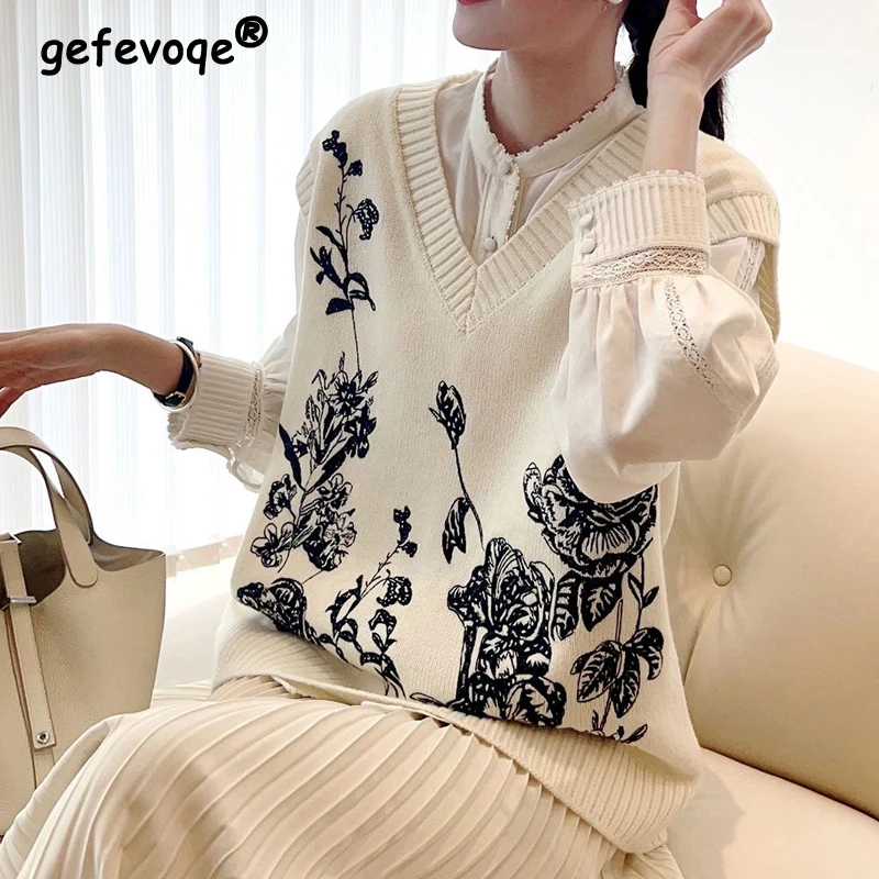 Women\'s Vintage Flower Embroidery Simple Chic Sweater Vest Elegant Fashion V Neck Sleeveless Loose All Match Knitted Waistcoat