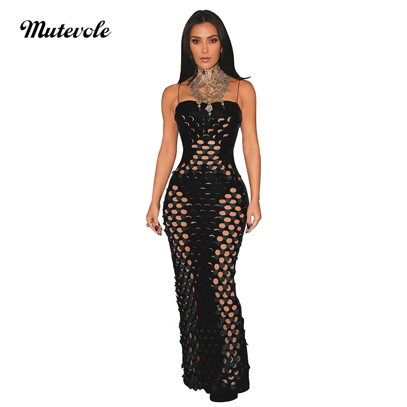 

Mutevole Women Sexy Hollow Out Long Velvet Dress Spaghetti Strap Silky Velour Dress Back Zipper Polka Dot Fishnet Hole Dress