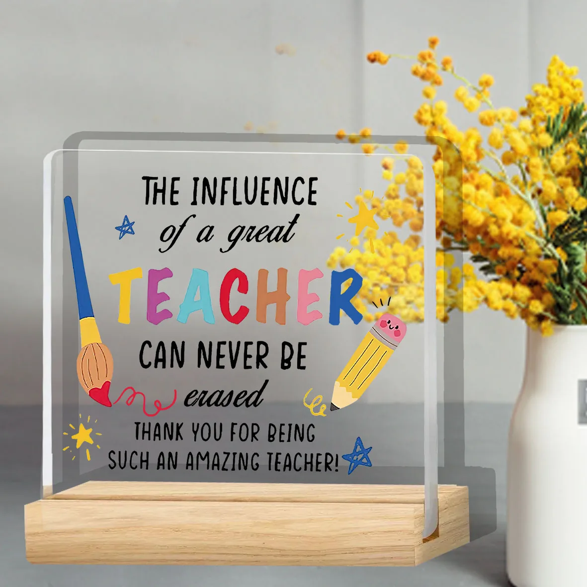 Teacher Appreciation Transparent Acrylic Square Desktop Plaque – Keepsake Sign for Teacher Day Gift – Table Top Decor Ornament