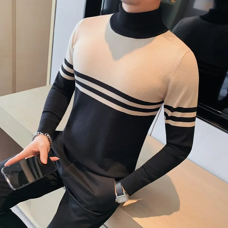

Autumn Korean Fashion Stripes Turtleneck Sweater Men Long Sleeve Slim Casual Knitted Sweater Business Social Knitwear Pullovers