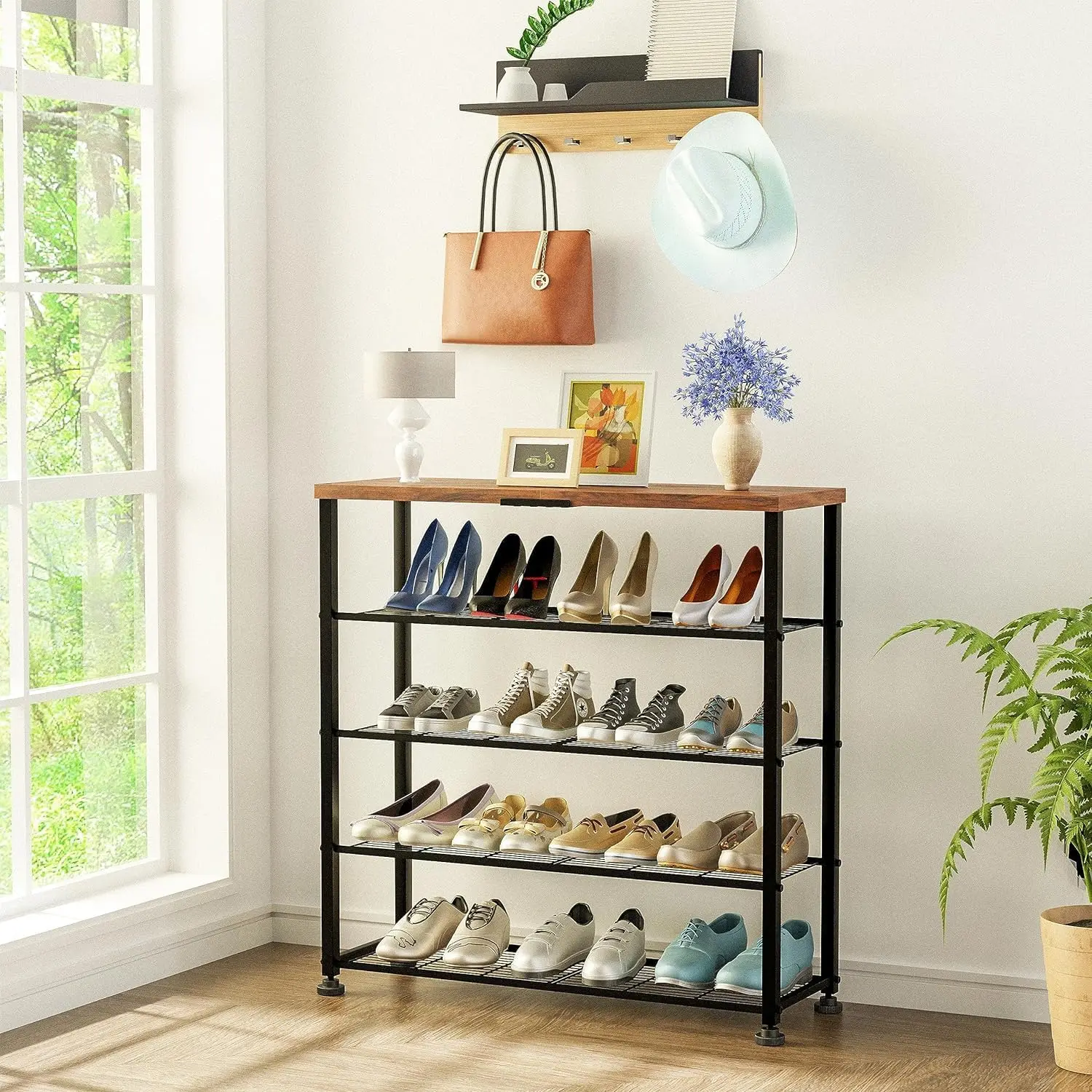 Simple Trending-5 Tier Extra Large Shoe Rack, Rolling Shoe Storage Organizer and Heavy Duty Casters with Brake Closet Entryway