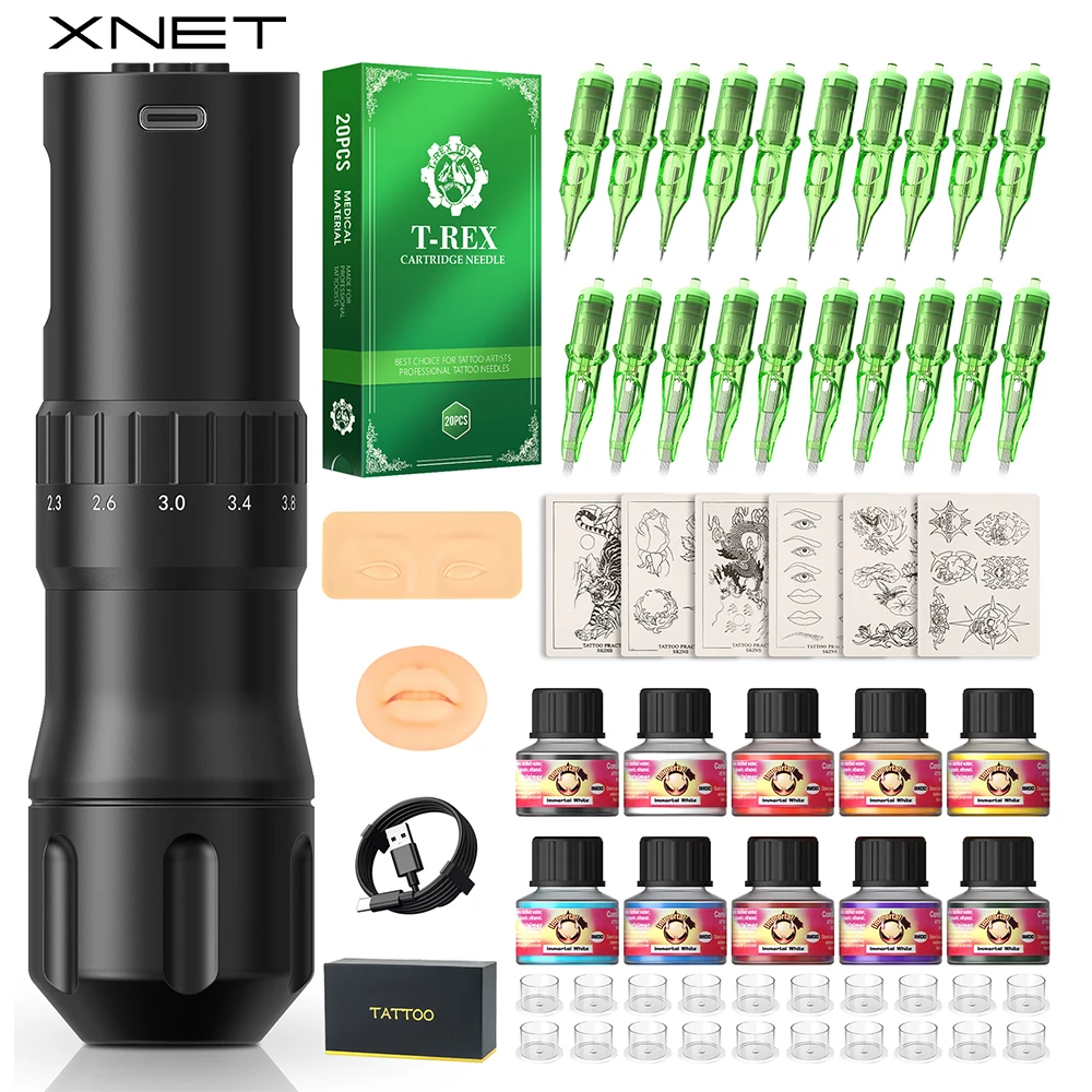 XNET Gear370 Wireless Tattoo Machine Full Kit 7 Strokes Coreless Motor 1600mAh Battery Tattoo Pen Set For Beginners For Body Art