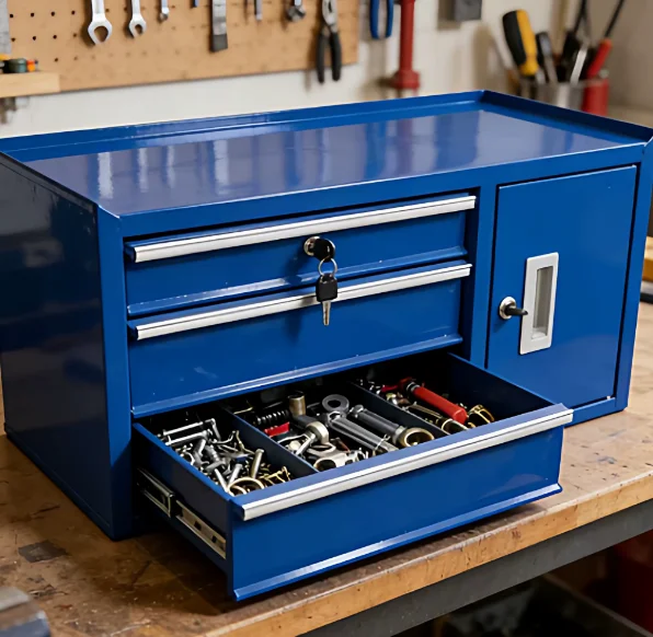 Modular Tool Storage Workstation for Assembly Line – Industrial Steel Cabinet with Pegboard Back Panel & Adjustable Shelves